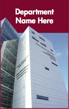 Image of the Tabletop Sign with a photo of the TWU Dallas Center shot from the ground up 