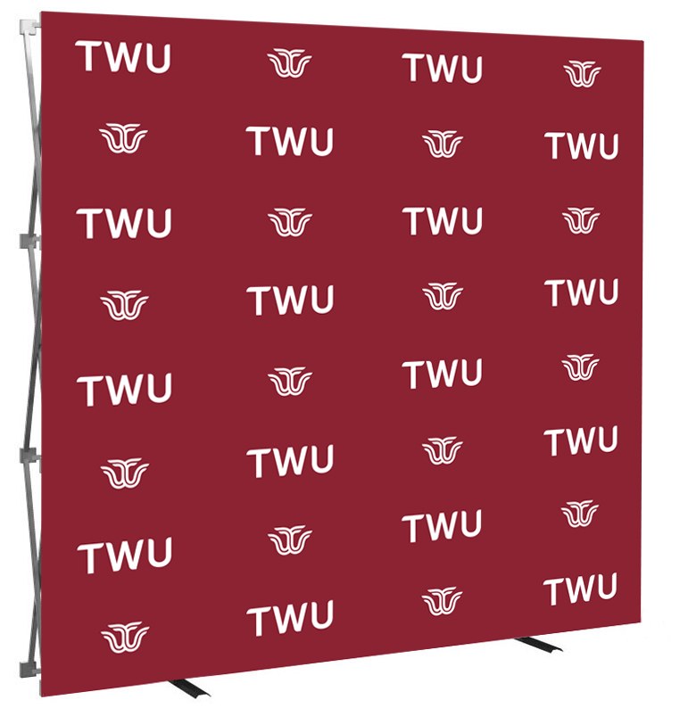 Maroon backdrop with white TWU logo printed on it