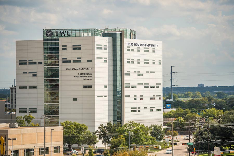 Exterior of the TWU T. Boone Pickens Institute of Health Sciences building in Dallas.