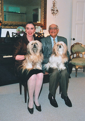 Retired TWU Chancellor Ann Stuart, her late husband Ray Poliakoff and their dogs Georgette and Honeybear
