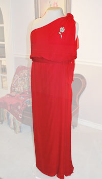 A floor length one-shoulder red silk chiffon gown with a flower broach on the shoulder. 