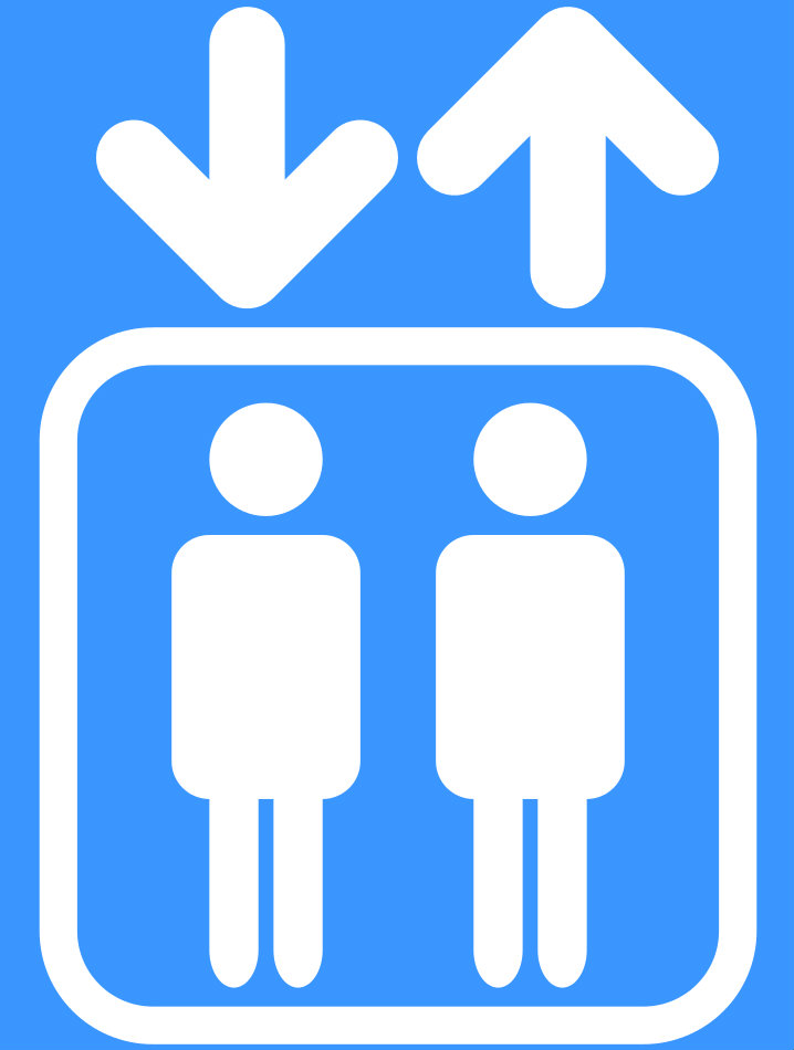 Blue and white symbol with two figures in a box with two arrows pointing up and down.