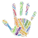 A handprint formed from words including: literacy matters, evidence, reading, library, children, etc